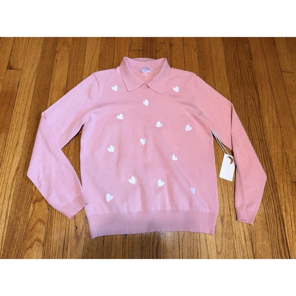 Luna Pink Collared Heart Knit Pullover Sweater Tight-Knit Long Sleeve Women XL